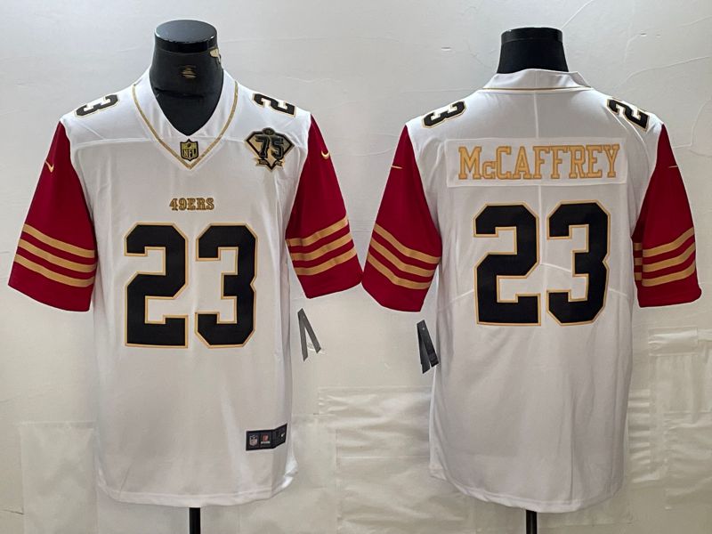 Men San Francisco 49ers #23 Mccaffrey White gold Throwback 2024 Nike Vapor Limited NFL Jersey style 1